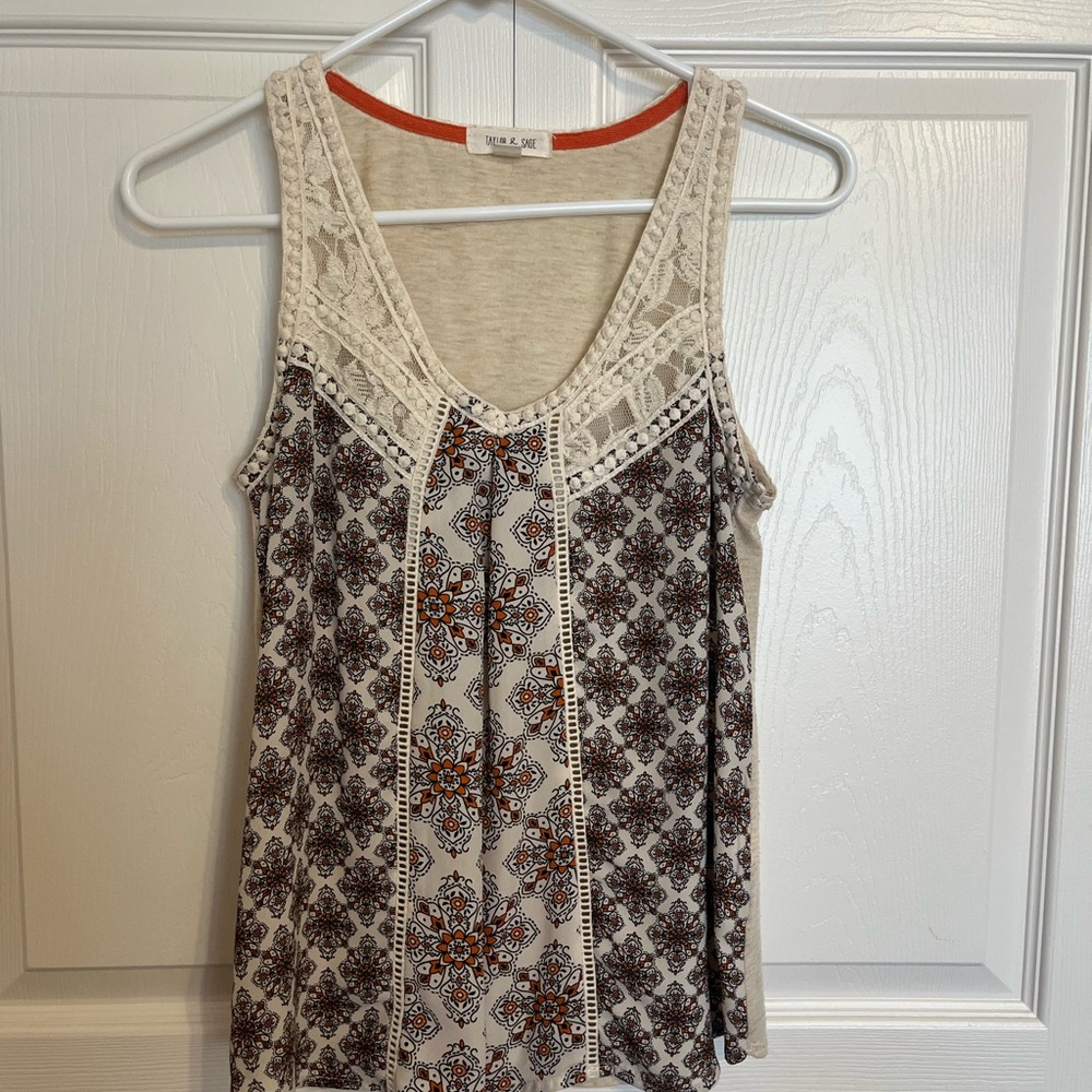 Taylor & Sage Cream and Brown Patterned Tank Top